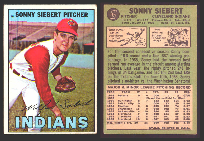 1967 Topps Baseball Trading Card You Pick Singles #1-#99 VG/EX #	95 Sonny Siebert - Cleveland Indians  - TvMovieCards.com