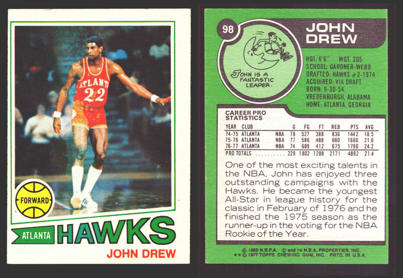1977-78 Topps Basketball Trading Card You Pick Singles #1-#132 VG/EX #	98 John Drew - Atlanta Hawks  - TvMovieCards.com