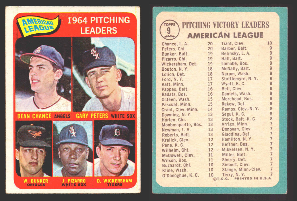 1965 Topps Baseball Trading Card You Pick Singles #1-#99 VG/EX #	9 AL 1964 Pitching Leaders - Dean Chance / Gary Peters / Wally Bunker / Juan Pizarro / Dave Wickersham  - TvMovieCards.com