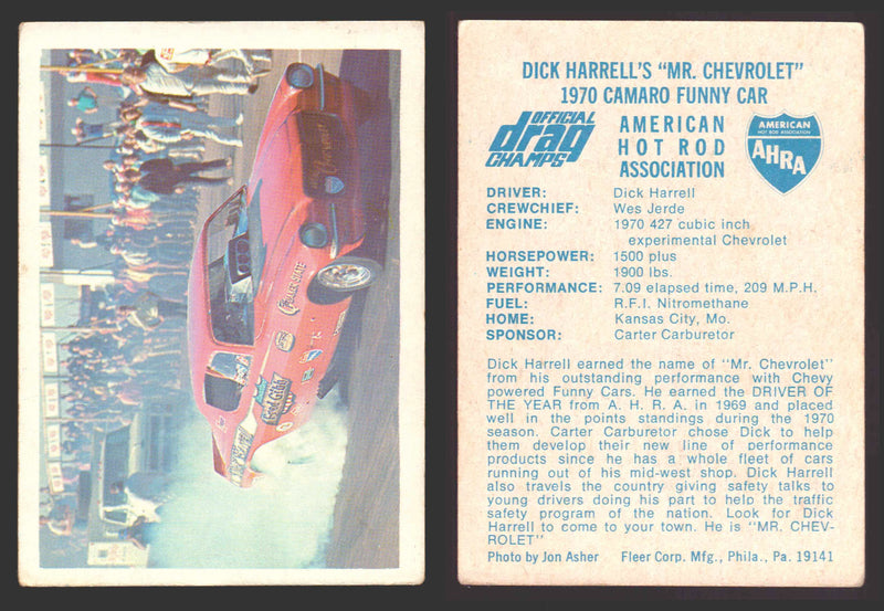 AHRA Official Drag Champs 1971 Fleer Vintage Trading Cards You Pick Singles #1-6 9 Dick Harrell's "Mr. Chevrolet" - TvMovieCards.com
