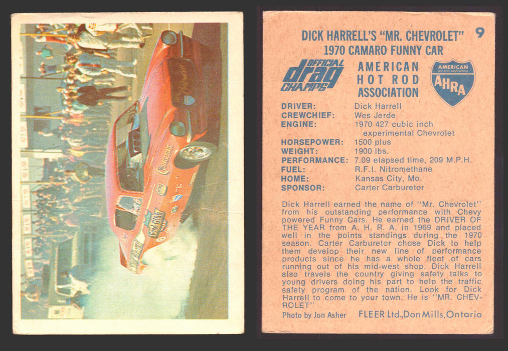 AHRA Official Drag Champs 1971 Fleer Canada Trading Cards You Pick Singles #1-63 9   Dick Harrell's "Mr. Chevrolet" (creased)  - TvMovieCards.com