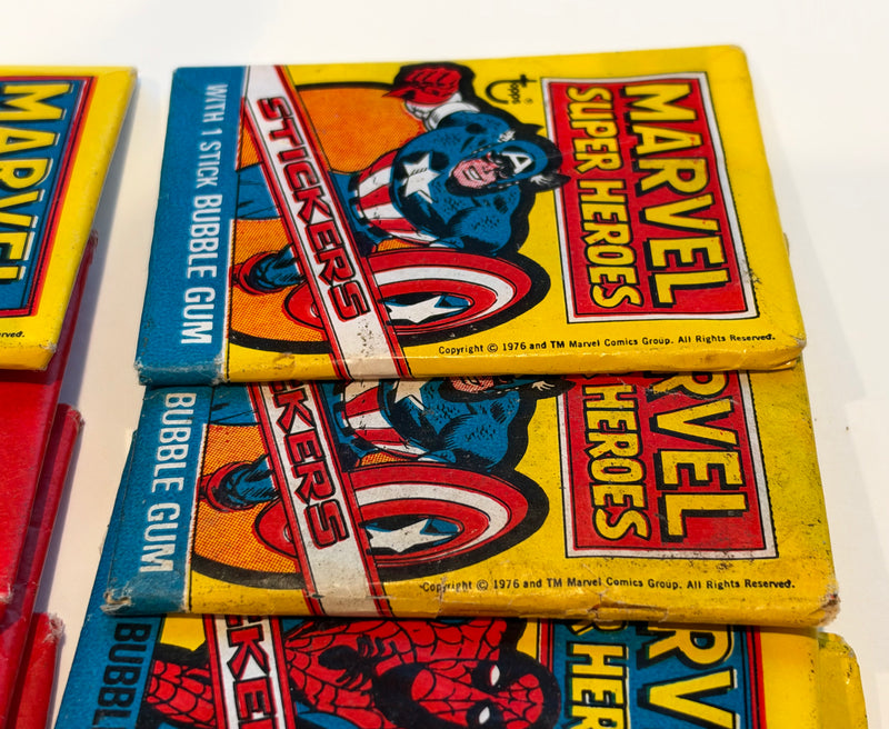 1976 Marvel Super Heroes Sticker Wax Pack Lot of 8 Spiderman Hulk Capt America