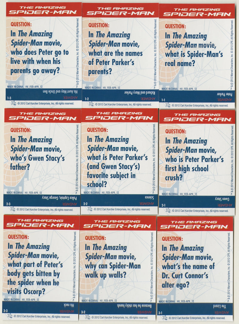 2012 Amazing Spider-Man Carl's Jr Cool Kids 9 Card Set Trivia Promo Set NM Rare - TvMovieCards.com