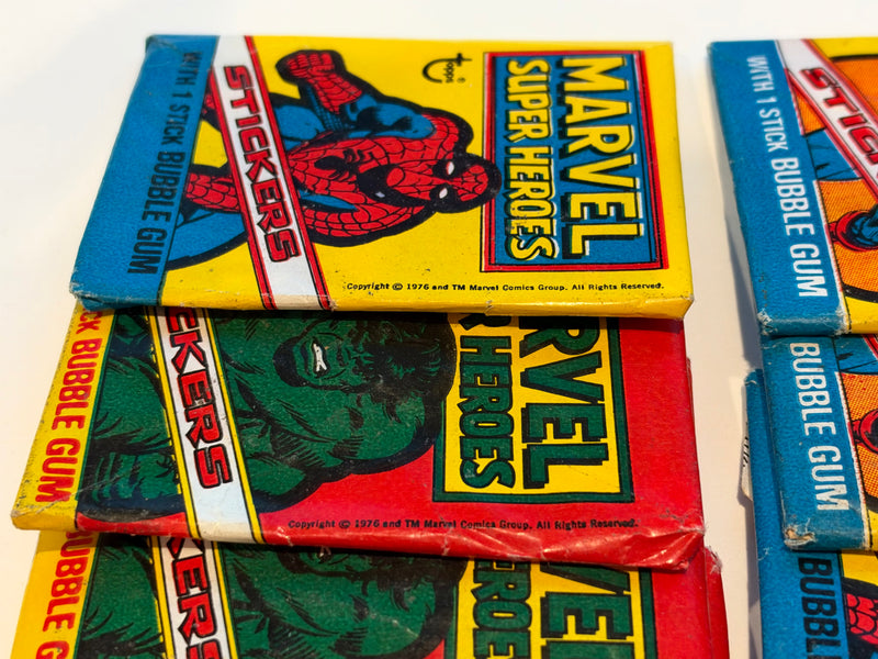 1976 Marvel Super Heroes Sticker Wax Pack Lot of 8 Spiderman Hulk Capt America