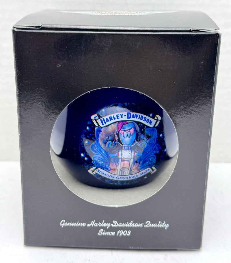 2004 Harley Davidson Ball Glass Happy Holiday Ornament 96888-05V Blue   - TvMovieCards.com