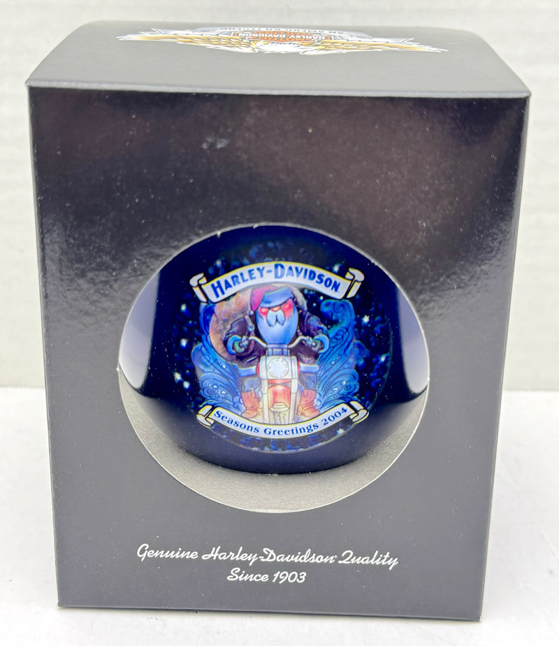 2004 Harley Davidson Ball Glass Happy Holiday Ornament 96888-05V Blue   - TvMovieCards.com