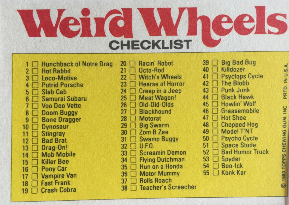 Weird Wheels Stickers Vintage Card Set 55 Sticker Cards Topps 1980   - TvMovieCards.com