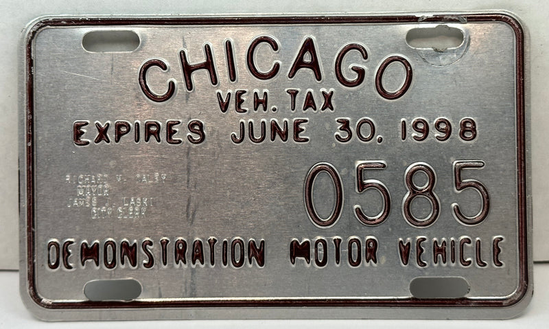 1998 Chicago Illinois Tax Tag Demonstration Motor Vehicle License Plate   - TvMovieCards.com