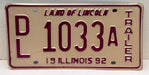 1992 Illinois Dealer Dealership License Plate DL 1033A Trailer   - TvMovieCards.com
