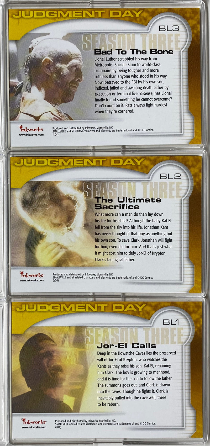 Smallville Season Three Judgment Day Box Loader Chase Card Set BL1-BL3 Inkworks   - TvMovieCards.com