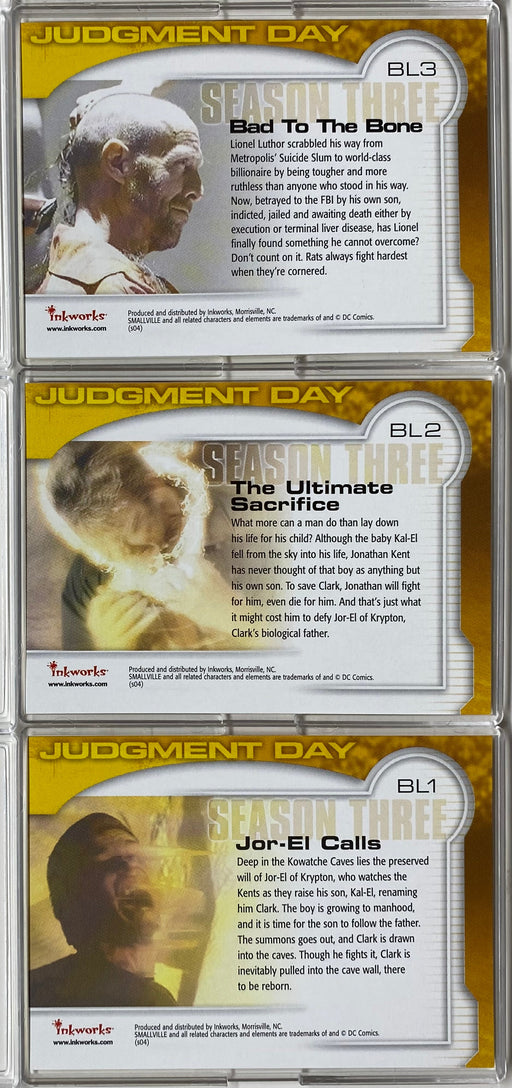 Smallville Season Three Judgment Day Box Loader Chase Card Set BL1-BL3 Inkworks   - TvMovieCards.com