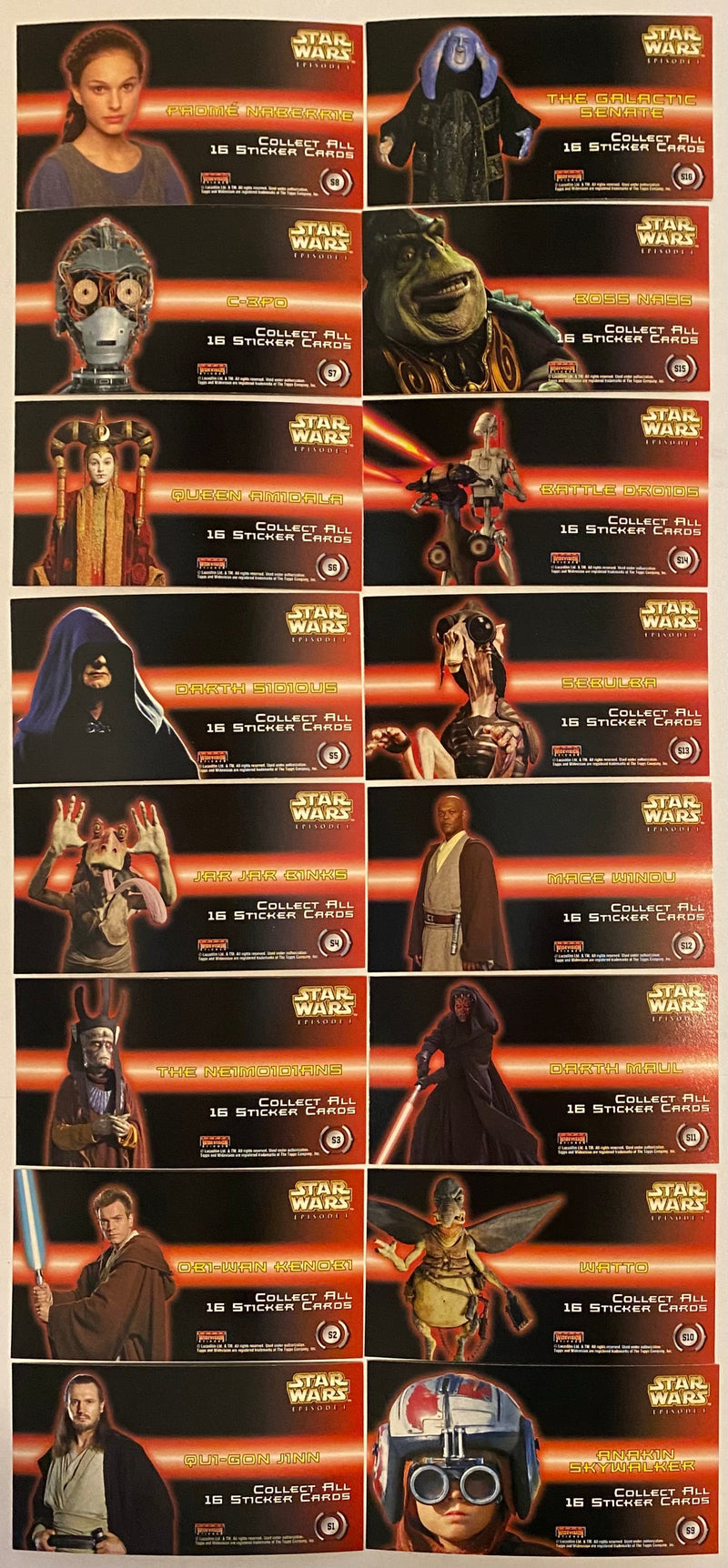 Star Wars Episode 1 Phantom Menace Widevision Sticker Chase Card Set S1-S16   - TvMovieCards.com