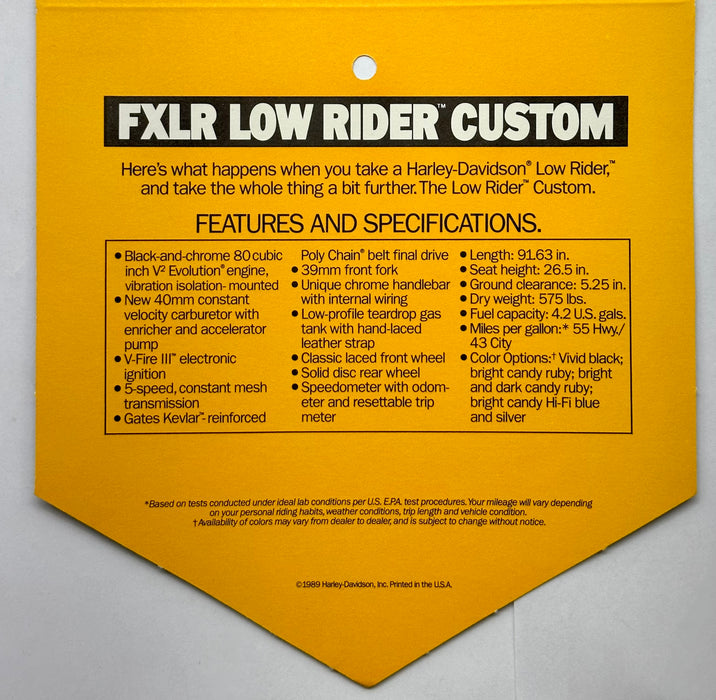 1989 Harley Davidson FXLR Low Rider Custom Handlebar Dealer Hang Tag   - TvMovieCards.com