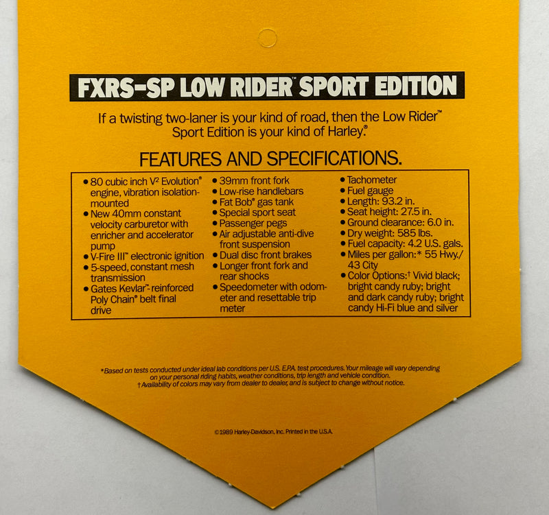 1989 Harley Davidson FXRS-SP Low Rider Sport Edition Handlebar Dealer Hang Tag   - TvMovieCards.com