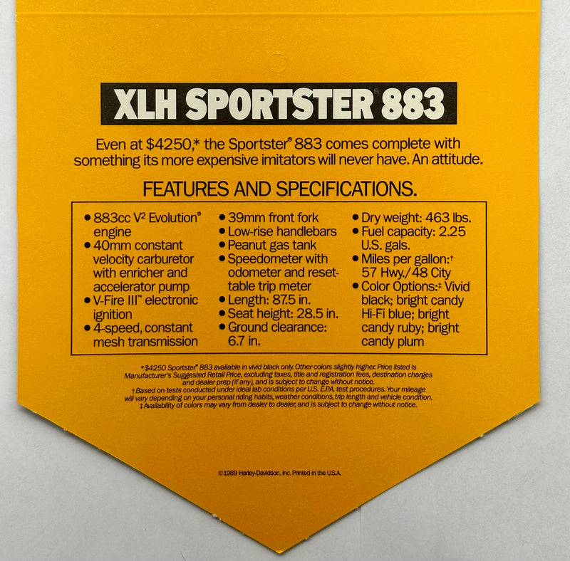 1989 Harley Davidson XLH Sportster 883 Handlebar Dealer Hang Tag   - TvMovieCards.com