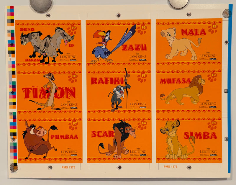 1994 Lion King Series 1 Disney Movie Foil Card Set F1-F9 Uncut Sheet of 9