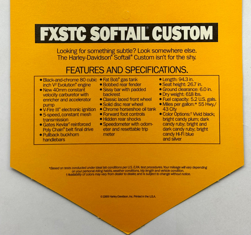 1989 Harley Davidson FXSTC Softail Custom Handlebar Dealer Hang Tag   - TvMovieCards.com