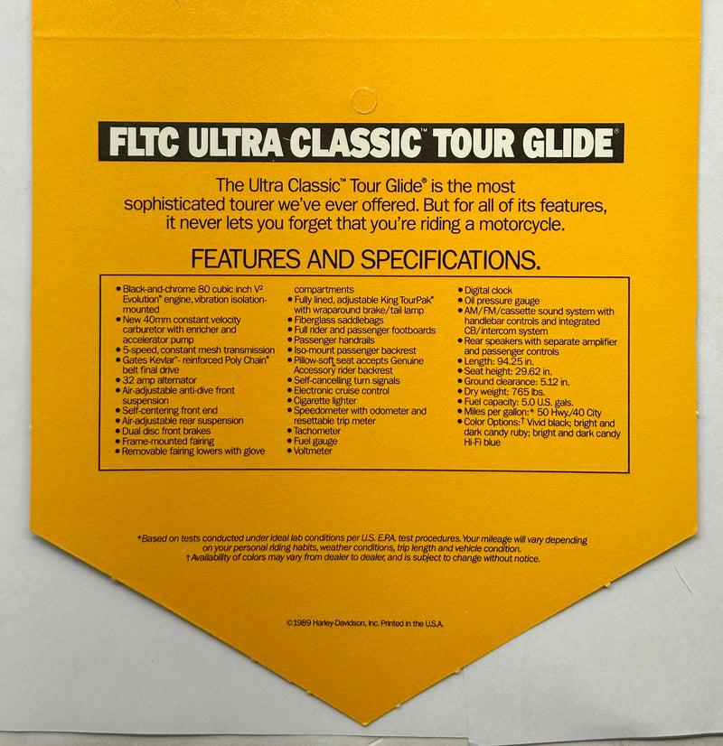 1989 Harley Davidson FLTC Ultra Classic Tour Glide Handlebar Dealer Hang Tag   - TvMovieCards.com