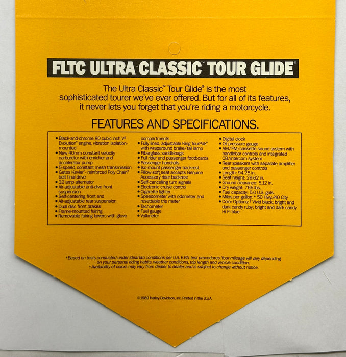 1989 Harley Davidson FLTC Ultra Classic Tour Glide Handlebar Dealer Hang Tag   - TvMovieCards.com