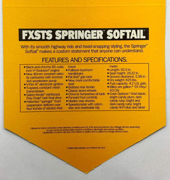 1989 Harley Davidson FXSTS Springer Softail Handlebar Dealer Hang Tag   - TvMovieCards.com