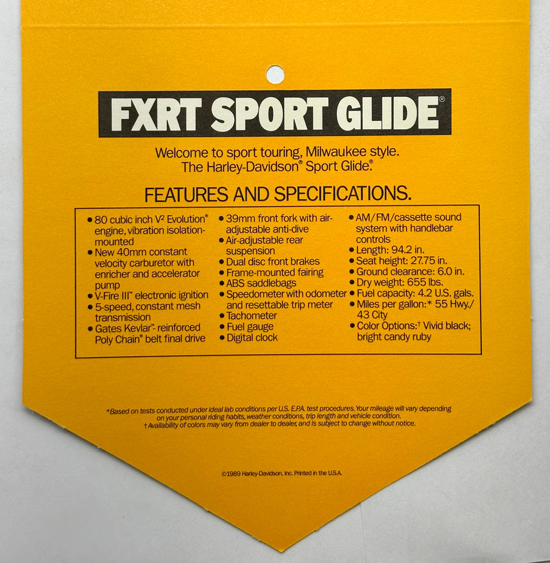 1989 Harley Davidson FXRT Sport Glide Handlebar Dealer Hang Tag   - TvMovieCards.com