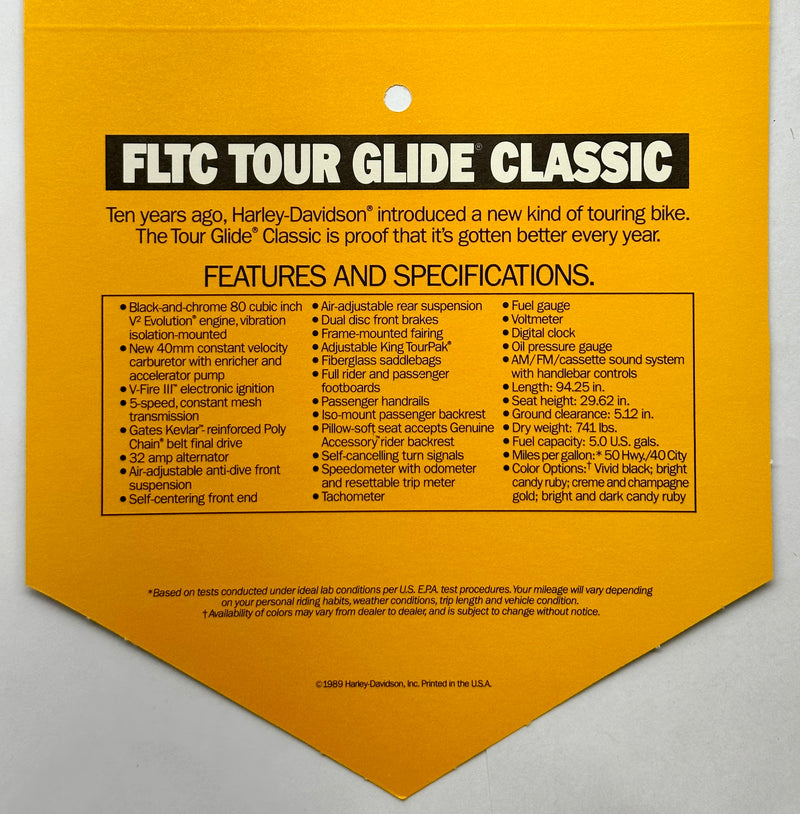 1989 Harley Davidson FLTC Tour Glide Classic Handlebar Dealer Hang Tag   - TvMovieCards.com