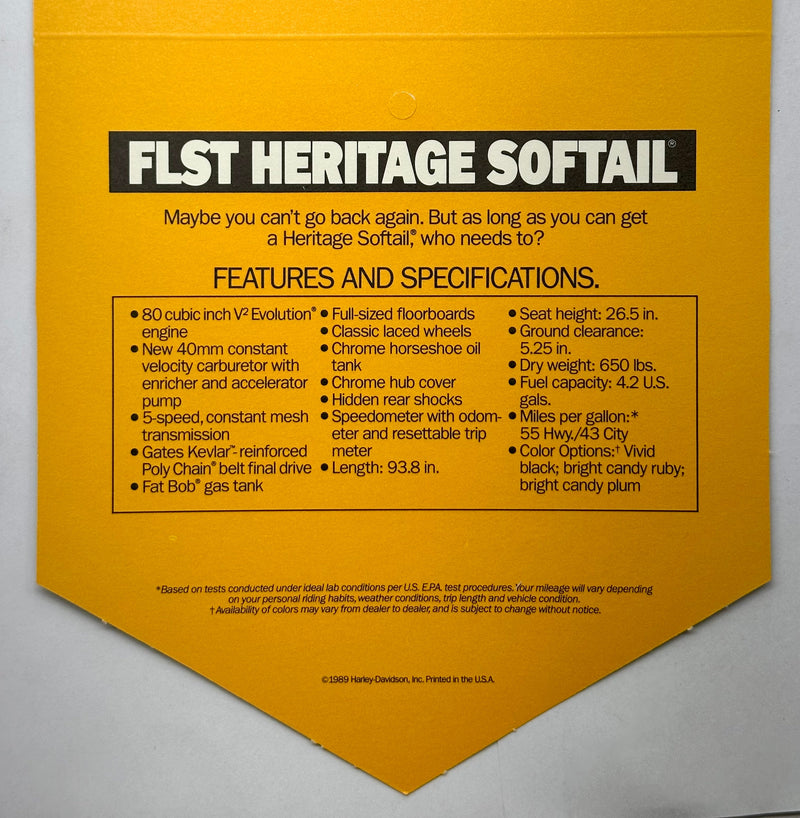 1989 Harley Davidson FLST Heritage Softail Handlebar Dealer Hang Tag   - TvMovieCards.com