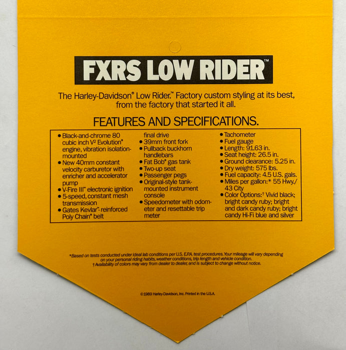 1989 Harley Davidson FXRS Low Rider Handlebar Dealer Hang Tag   - TvMovieCards.com