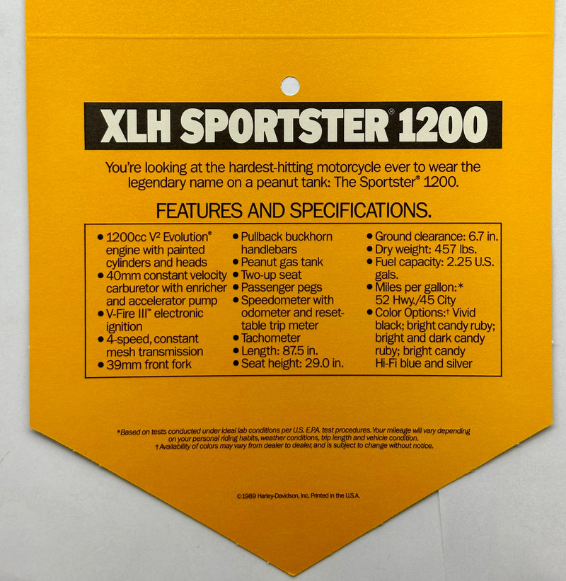 1989 Harley Davidson XLH Sportster 1200 Handlebar Dealer Hang Tag   - TvMovieCards.com