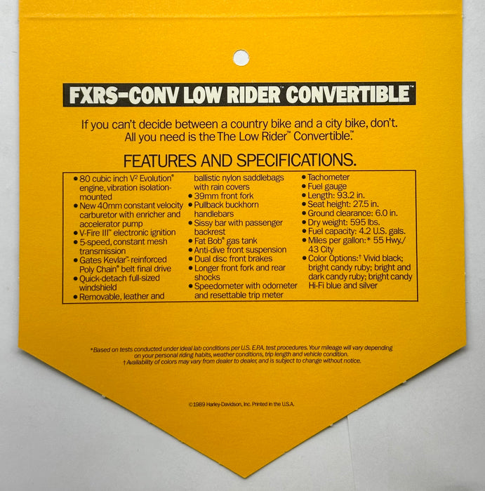 1989 Harley Davidson FXRS-Conv Low Rider Convertible Handlebar Dealer Hang Tag   - TvMovieCards.com