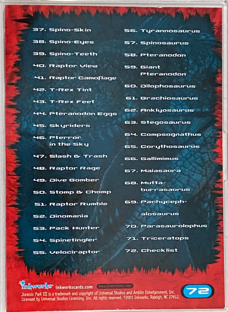 Jurassic Park 3 III Base Trading Card Set of 72 Cards Inkworks 2001 + 3D Specs   - TvMovieCards.com