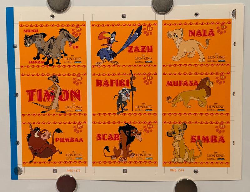 1994 Lion King Series 1 Disney Movie Foil Card Set F1-F9 Uncut Press Sheet of 9