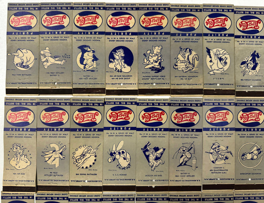 1942 WWII Pepsi Cola Matchbook Cover Walt Disney Insignias Complete Set 1-48   - TvMovieCards.com