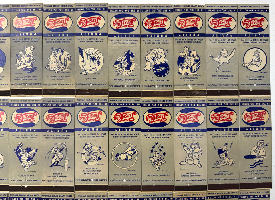 1942 WWII Pepsi Cola Matchbook Cover Walt Disney Insignias Complete Set 1-48   - TvMovieCards.com