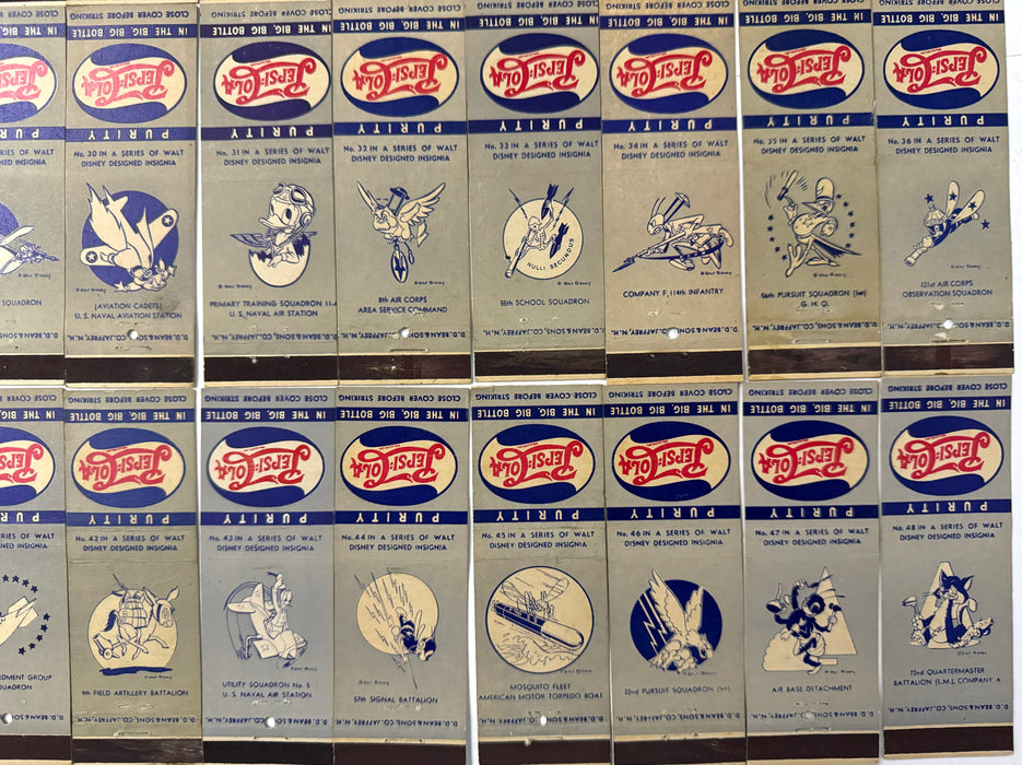 1942 WWII Pepsi Cola Matchbook Cover Walt Disney Insignias Complete Set 1-48   - TvMovieCards.com