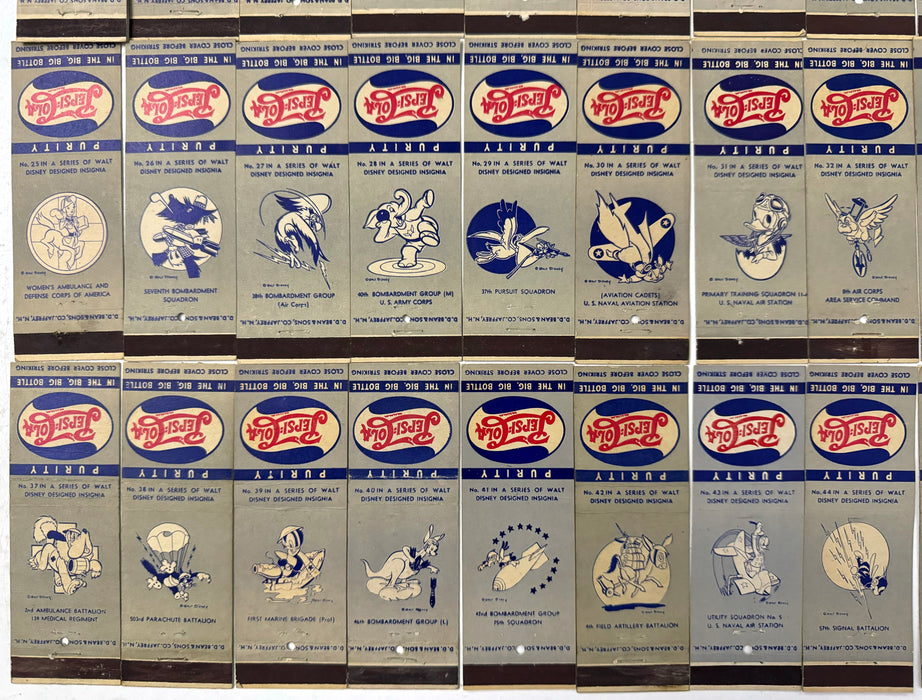 1942 WWII Pepsi Cola Matchbook Cover Walt Disney Insignias Complete Set 1-48   - TvMovieCards.com