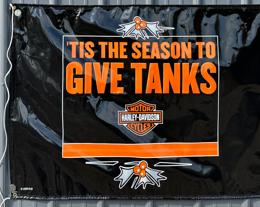 2004 Harley Davidson Dealer Showroom Banner Tis the Season To Give Tanks 36 x 96   - TvMovieCards.com