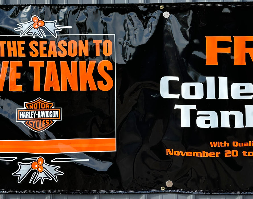 2004 Harley Davidson Dealer Showroom Banner Tis the Season To Give Tanks 36 x 96   - TvMovieCards.com