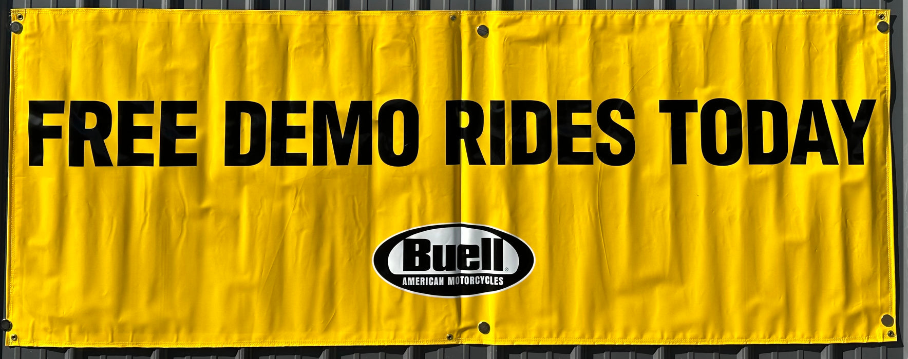 Buell American Motorcycle Dealer Showroom Banner "Free Demo Rides" 36 x 96   - TvMovieCards.com