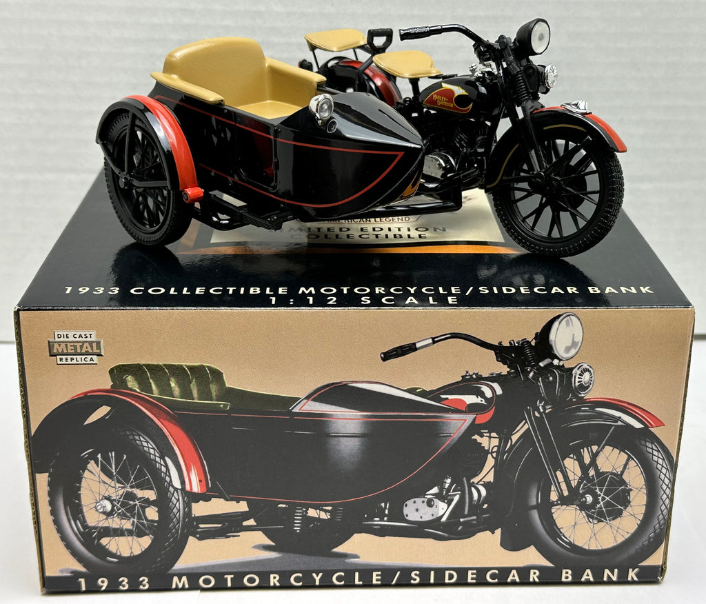 Harley Davidson 1933 Black Motorcycle Sidecar Coin Bank 1/12