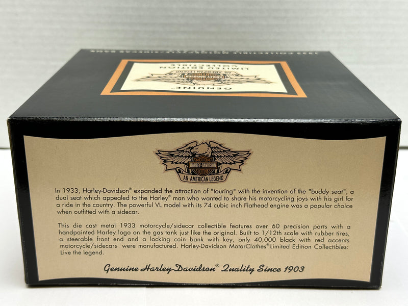 Harley Davidson 1933 Black Motorcycle Sidecar Coin Bank 1/12 Diecast 99198-94V   - TvMovieCards.com