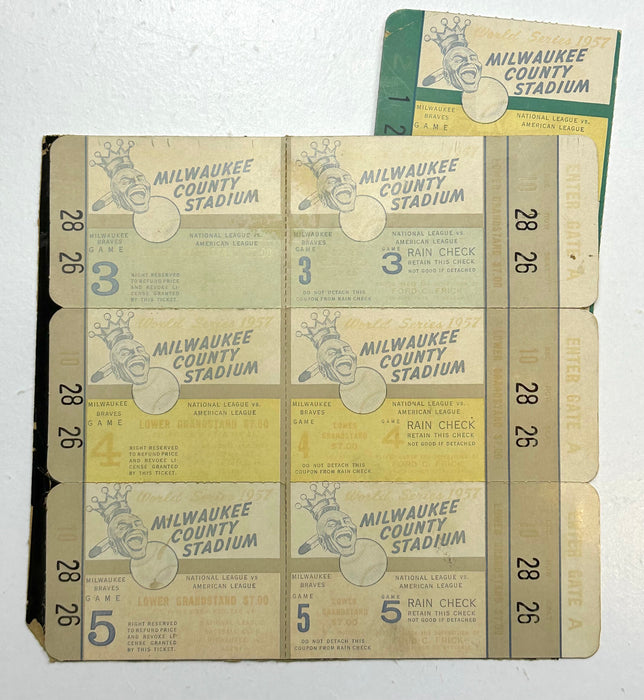 1957 World Series Game 3, 4 and 5 Tickets Milwaukee Braves Hank Aaron Yankees   - TvMovieCards.com