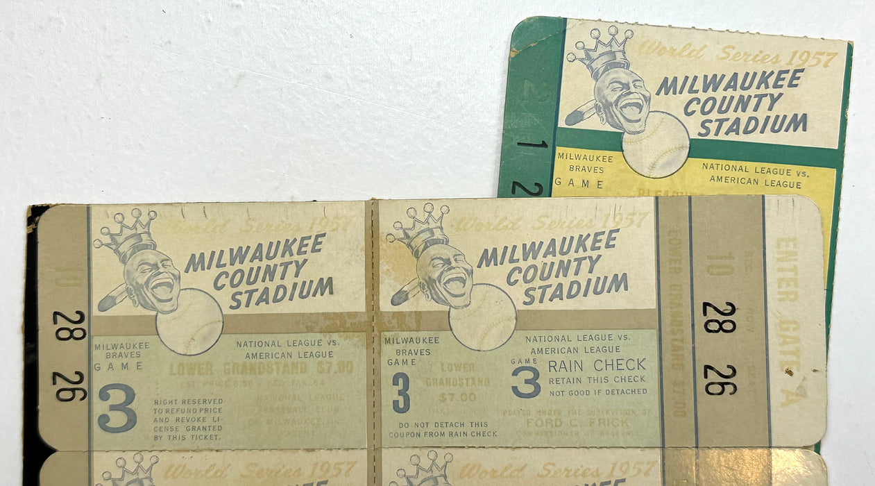 1957 World Series Game 3, 4 and 5 Tickets Milwaukee Braves Hank Aaron Yankees   - TvMovieCards.com