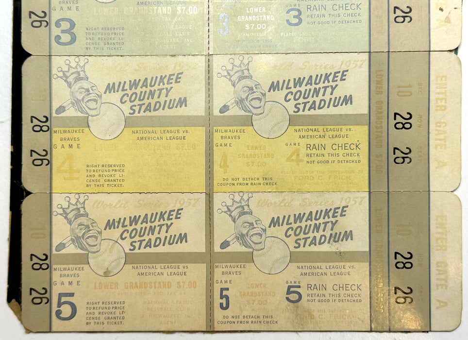 1957 World Series Game 3, 4 and 5 Tickets Milwaukee Braves Hank Aaron Yankees   - TvMovieCards.com