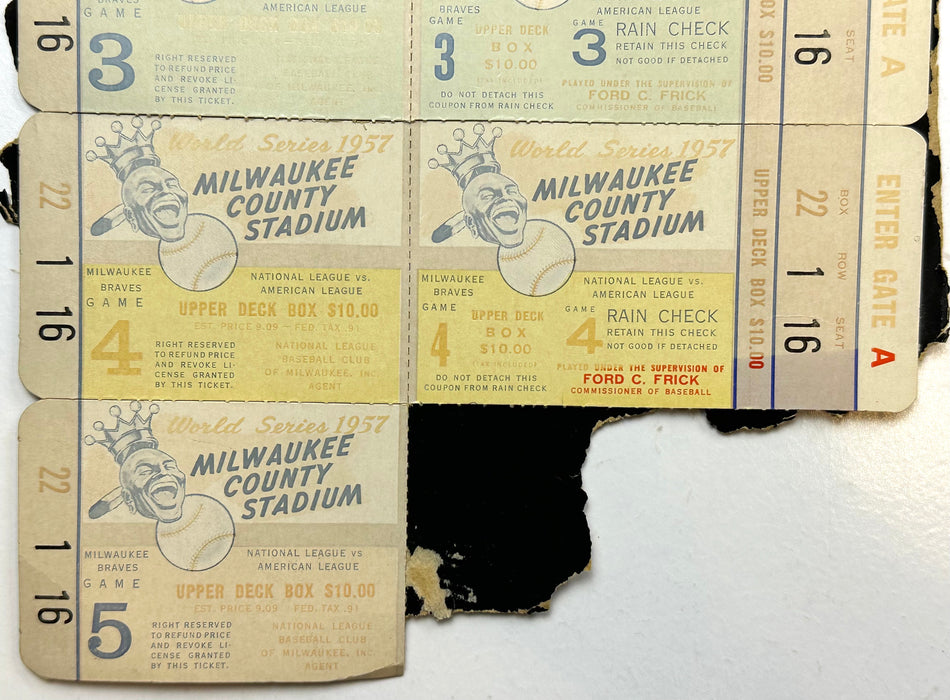 1957 World Series Game 3, 4 and 5 Tickets Milwaukee Braves Hank Aaron Yankees   - TvMovieCards.com