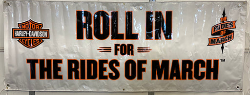 Harley Davidson Dealer Showroom Banner "Roll In for the Rides Of March" 36" x 94   - TvMovieCards.com