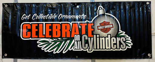 Harley Davidson Dealer Showroom Banner "Celebrate On All Cylinders" 35" x 91   - TvMovieCards.com