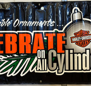 Harley Davidson Dealer Showroom Banner "Celebrate On All Cylinders" 35" x 91   - TvMovieCards.com