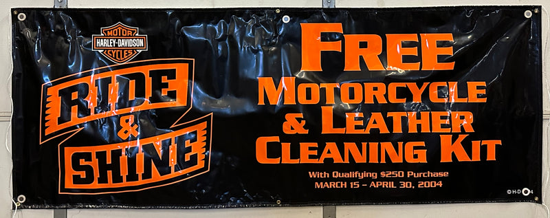 Harley Davidson Dealer Showroom Banner "Ride & Shine Free Cleaning Kit" 36" x 94   - TvMovieCards.com