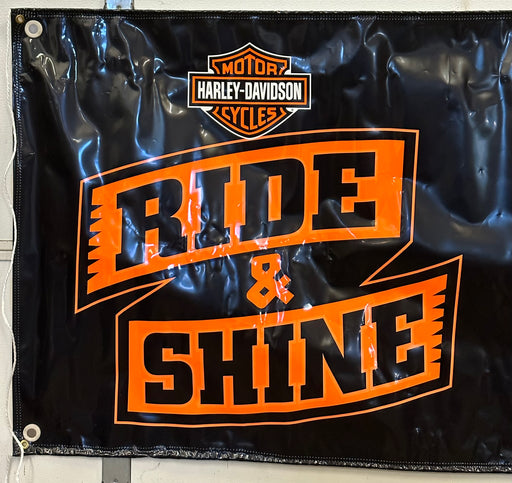 Harley Davidson Dealer Showroom Banner "Ride & Shine Free Cleaning Kit" 36" x 94   - TvMovieCards.com